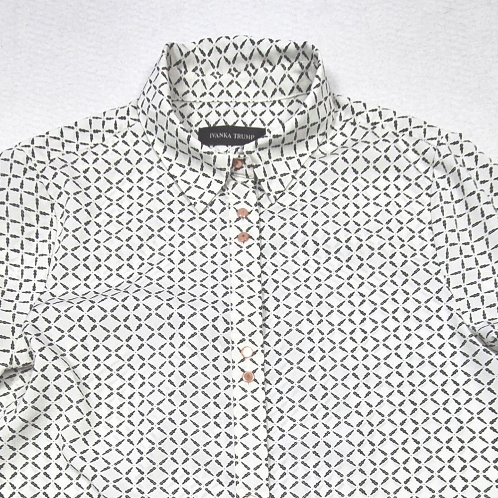 Ivanka Trump Blouse Womens Medium White Black Geometric Roll Tab Office